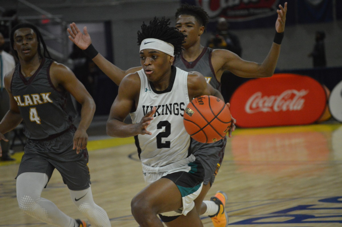 Avoyelles Charter junior guard Jalen Brown (2) drives down the lane against JS Clark in the Division V select championship game March 8, 2024.